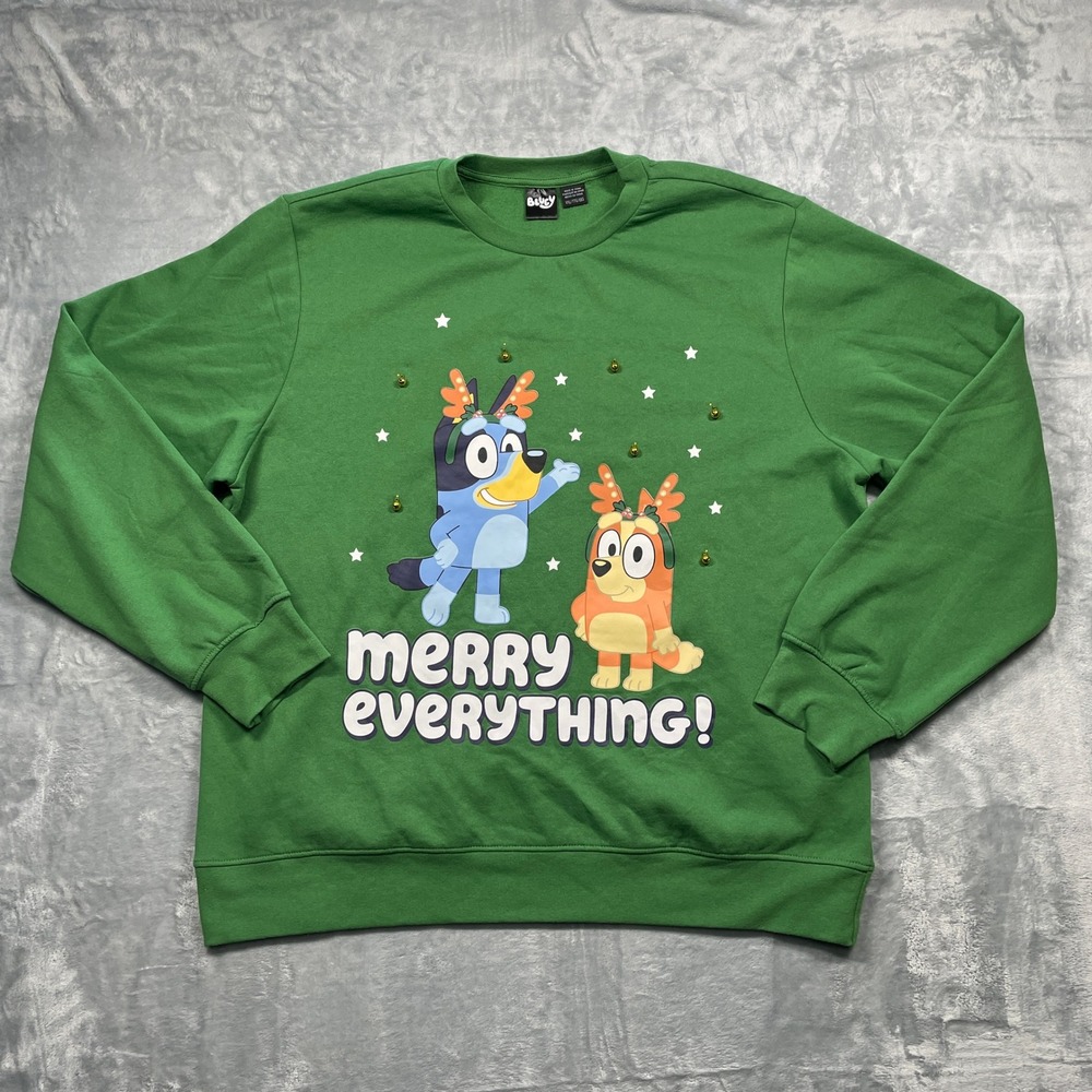 Bluey Bingo Merry Everything Christmas Sweatshirt Green Jingle Bells XXL